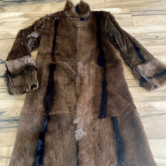 Vintage WHISTLES Dark Brown Soft Leather & Fur Long Overcoat Size Medium